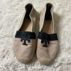 Tory Burch Weston flat espadrille natural black size 8 canvas calf leather